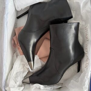 Stuart Weitzman Black Heeled Boots with Metallic Tips